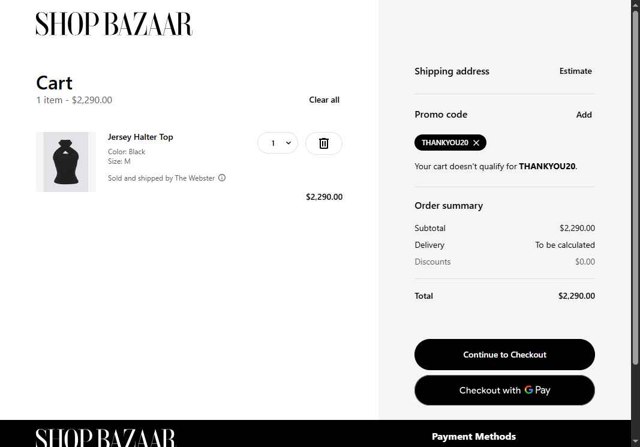 Harpers Bazaar checkout page showing Harpers Bazaar promo code box | Screenshot taken by SimplyCodes community member on May 12, 2025