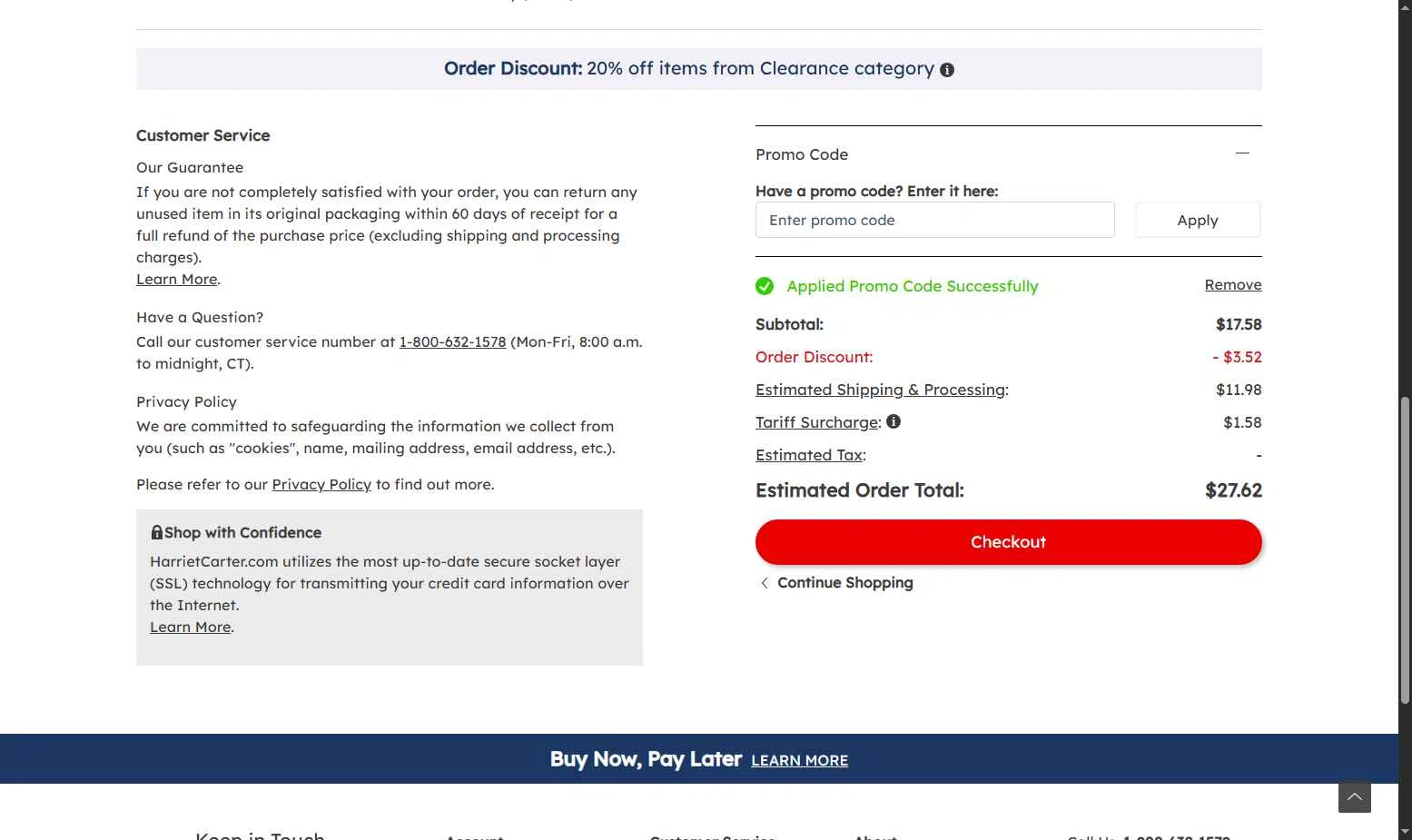 Harriet Carter Gifts checkout page showing Harriet Carter Gifts promo code box | Screenshot taken by SimplyCodes community member on Jul 3, 2025