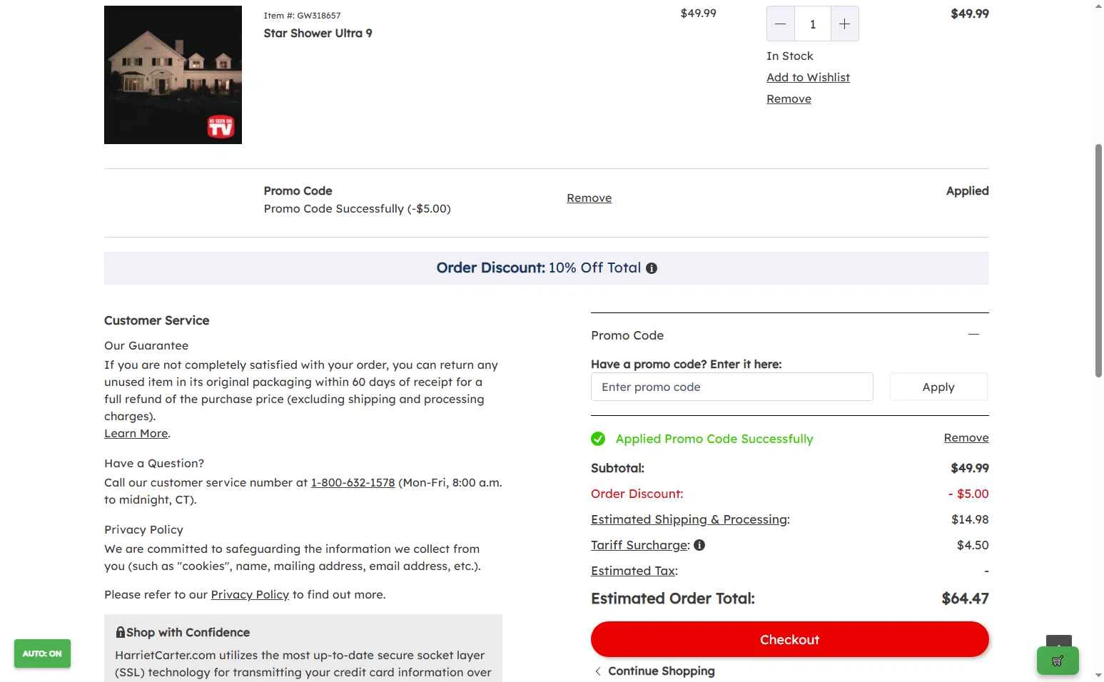Harriet Carter Gifts checkout page showing Harriet Carter Gifts promo code box | Screenshot taken by SimplyCodes community member on Oct 29, 2025