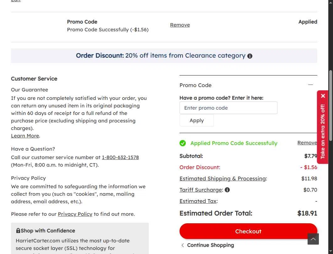 Harriet Carter Gifts checkout page showing Harriet Carter Gifts promo code box | Screenshot taken by SimplyCodes community member on Jul 3, 2025