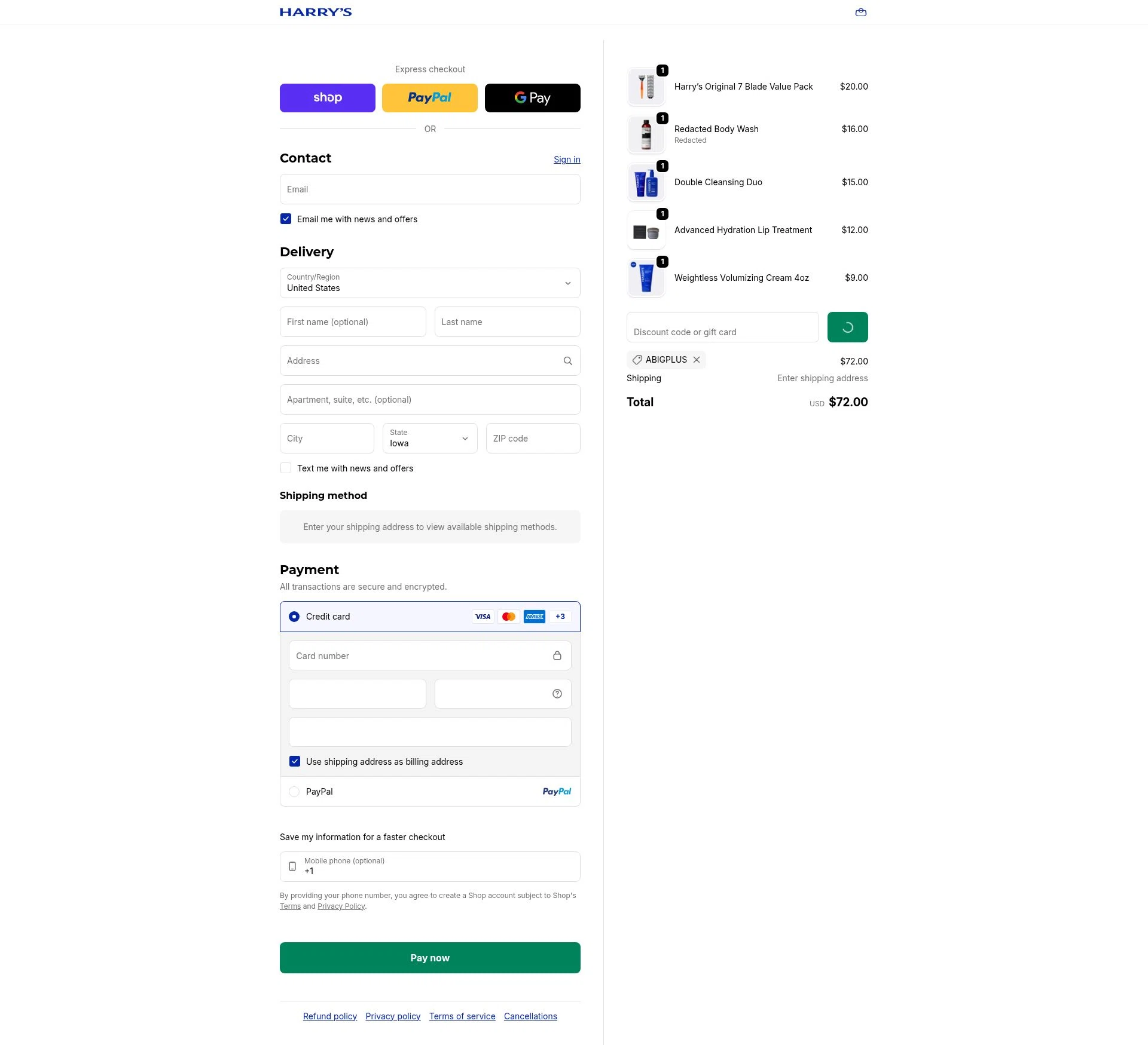 Harry's checkout page showing Harry's coupon code box | Screenshot taken by SimplyCodes community member on Feb 24, 2026