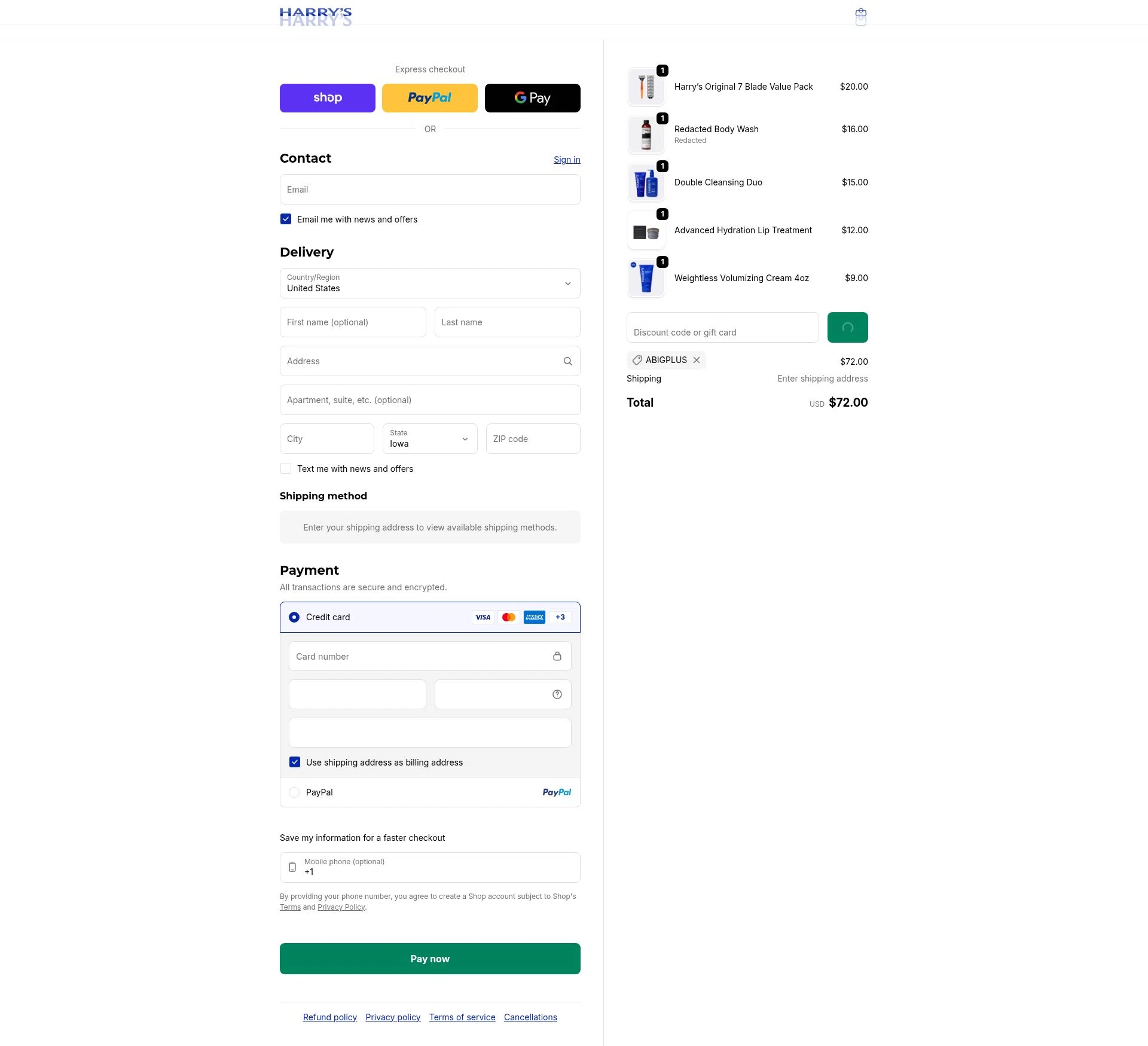Harry's checkout page showing Harry's coupon code box | Screenshot taken by SimplyCodes community member on Feb 19, 2026