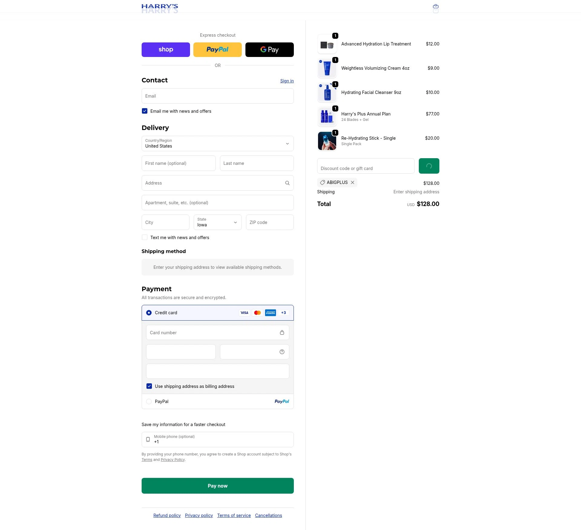 Harry's checkout page showing Harry's coupon code box | Screenshot taken by SimplyCodes community member on Feb 6, 2026