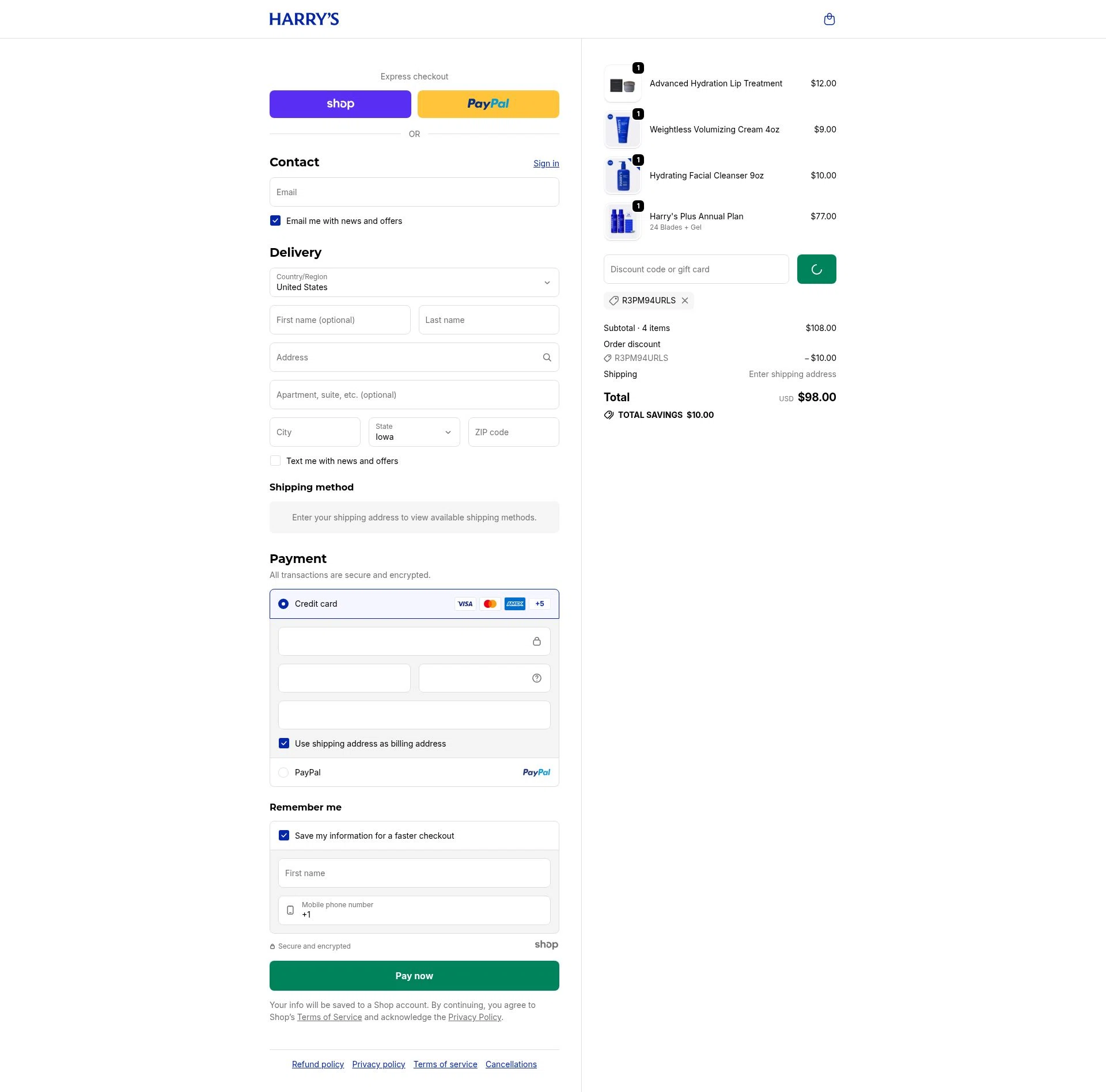 Harry's checkout page showing Harry's coupon code box | Screenshot taken by SimplyCodes community member on Jan 6, 2026