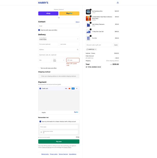 Harry's checkout page showing Harry's coupon code box | Screenshot taken by SimplyCodes community member on Sep 23, 2025