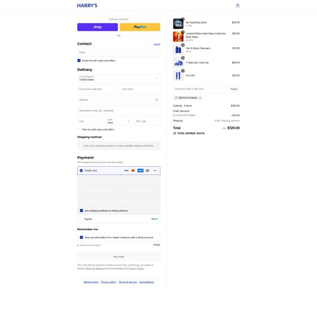 Harry's checkout page showing Harry's coupon code box | Screenshot taken by SimplyCodes community member on Aug 31, 2025