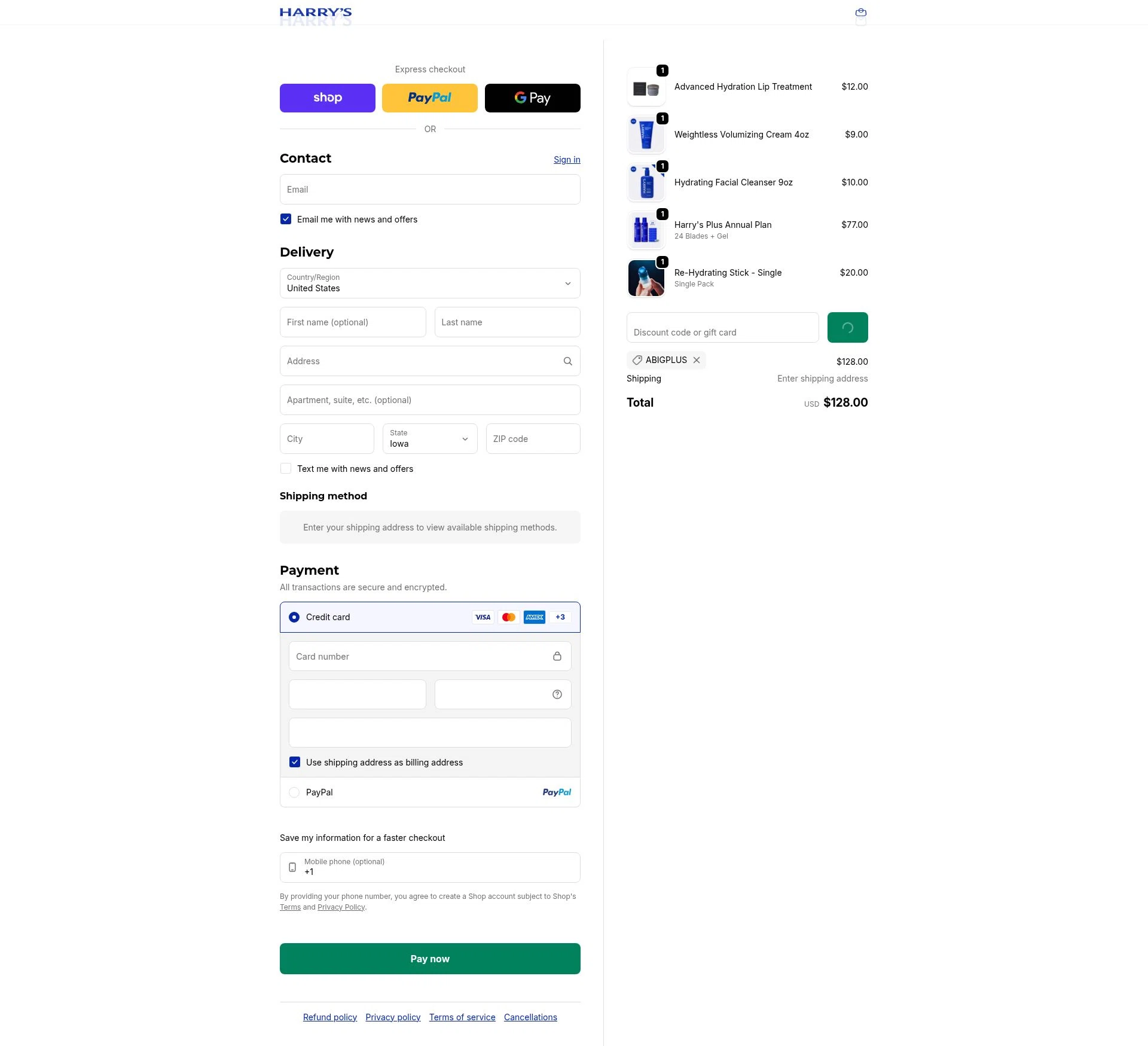 Harry's checkout page showing Harry's coupon code box | Screenshot taken by SimplyCodes community member on Feb 1, 2026