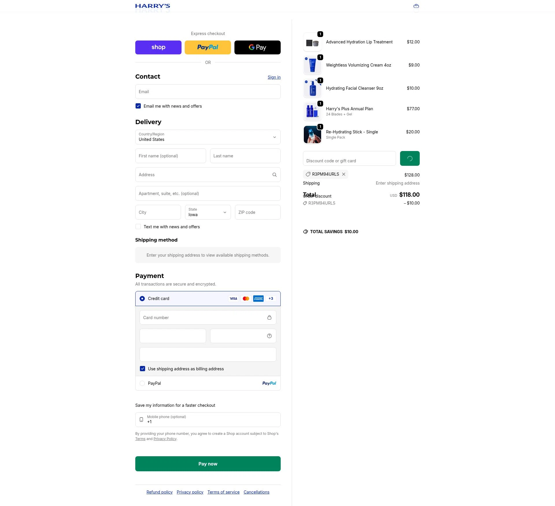Harry's checkout page showing Harry's coupon code box | Screenshot taken by SimplyCodes community member on Feb 6, 2026