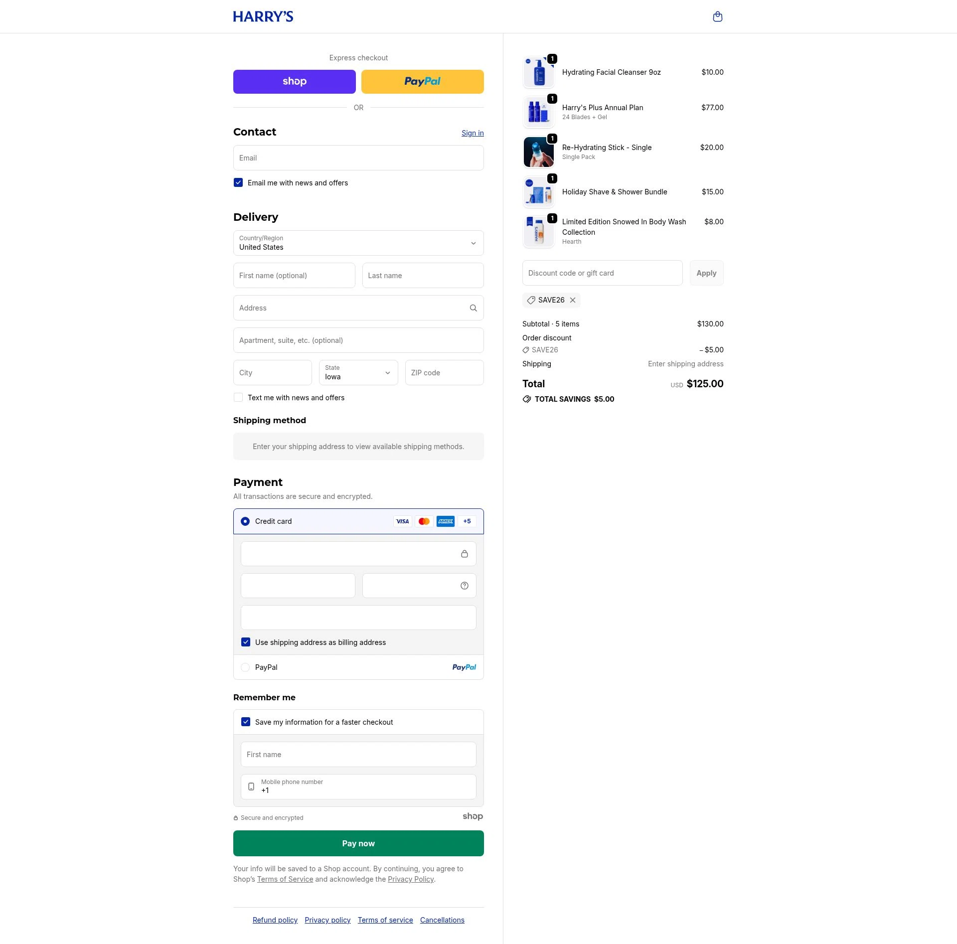 Harry's checkout page showing Harry's coupon code box | Screenshot taken by SimplyCodes community member on Dec 12, 2025