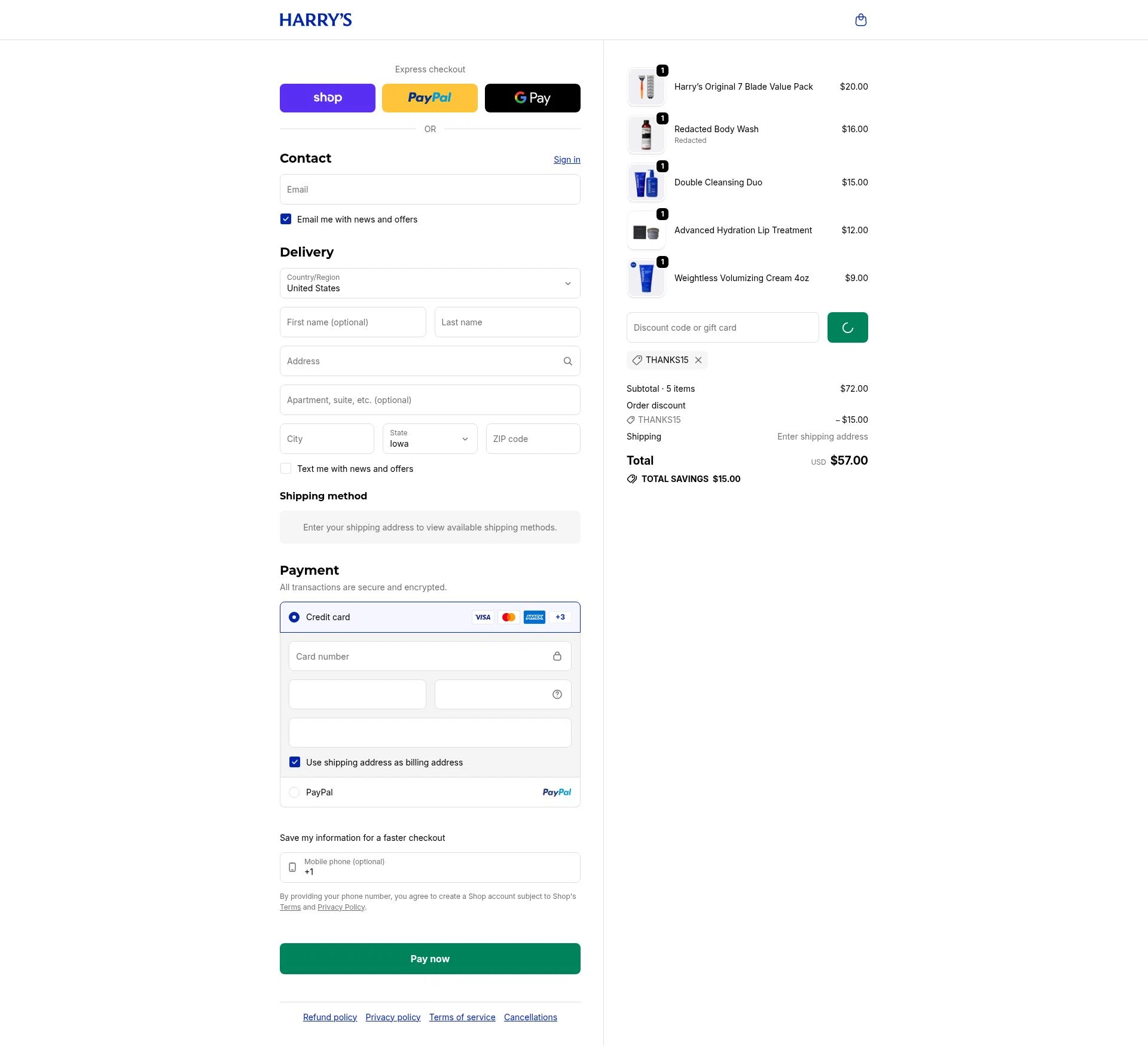 Harry's checkout page showing Harry's coupon code box | Screenshot taken by SimplyCodes community member on Feb 24, 2026