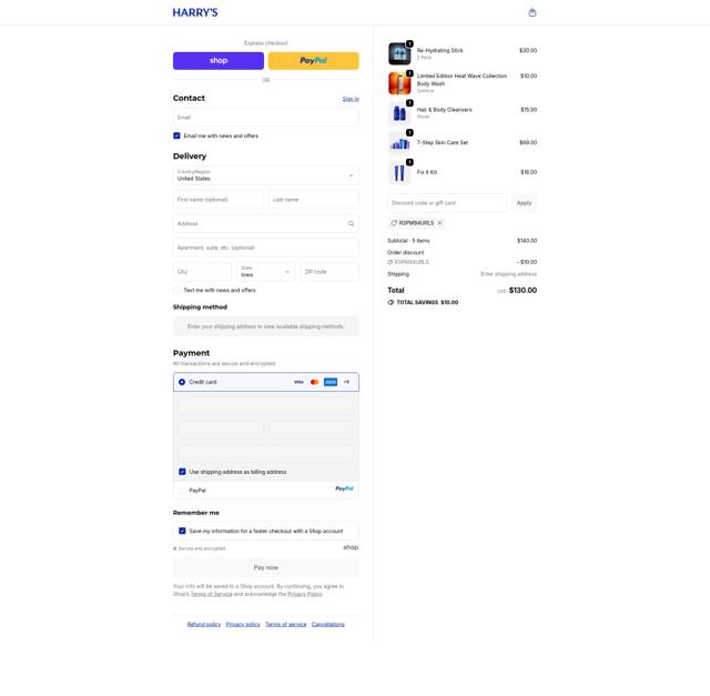 Harry's checkout page showing Harry's coupon code box | Screenshot taken by SimplyCodes community member on Sep 21, 2025