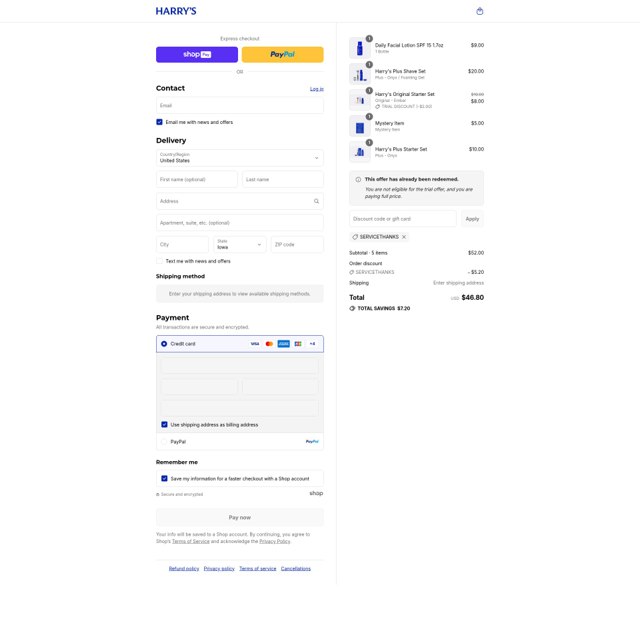 Harry's checkout page showing Harry's coupon code box | Screenshot taken by SimplyCodes community member on Aug 27, 2025