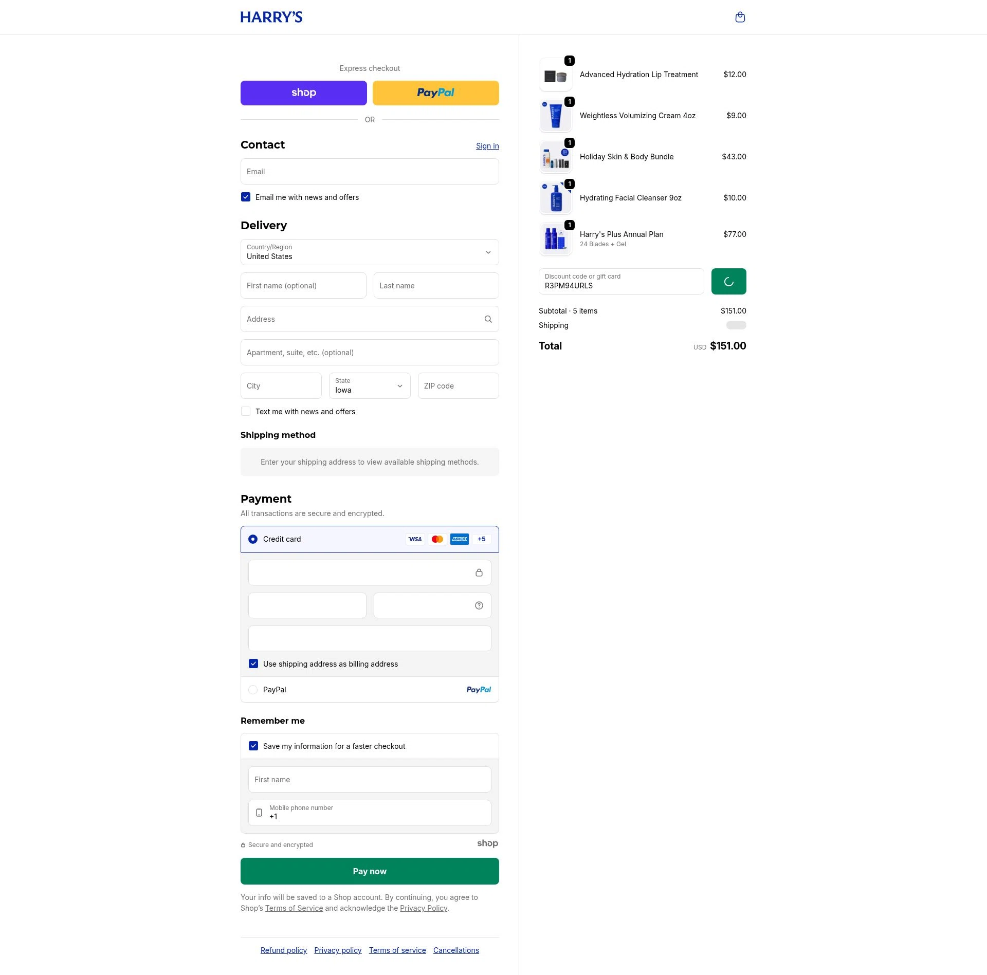 Harry's checkout page showing Harry's coupon code box | Screenshot taken by SimplyCodes community member on Jan 3, 2026