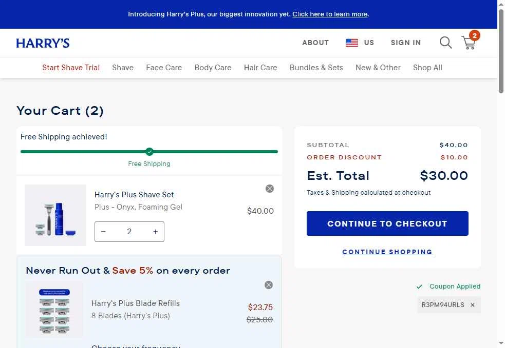Harry's checkout page showing Harry's coupon code box | Screenshot taken by SimplyCodes community member on Jan 6, 2026