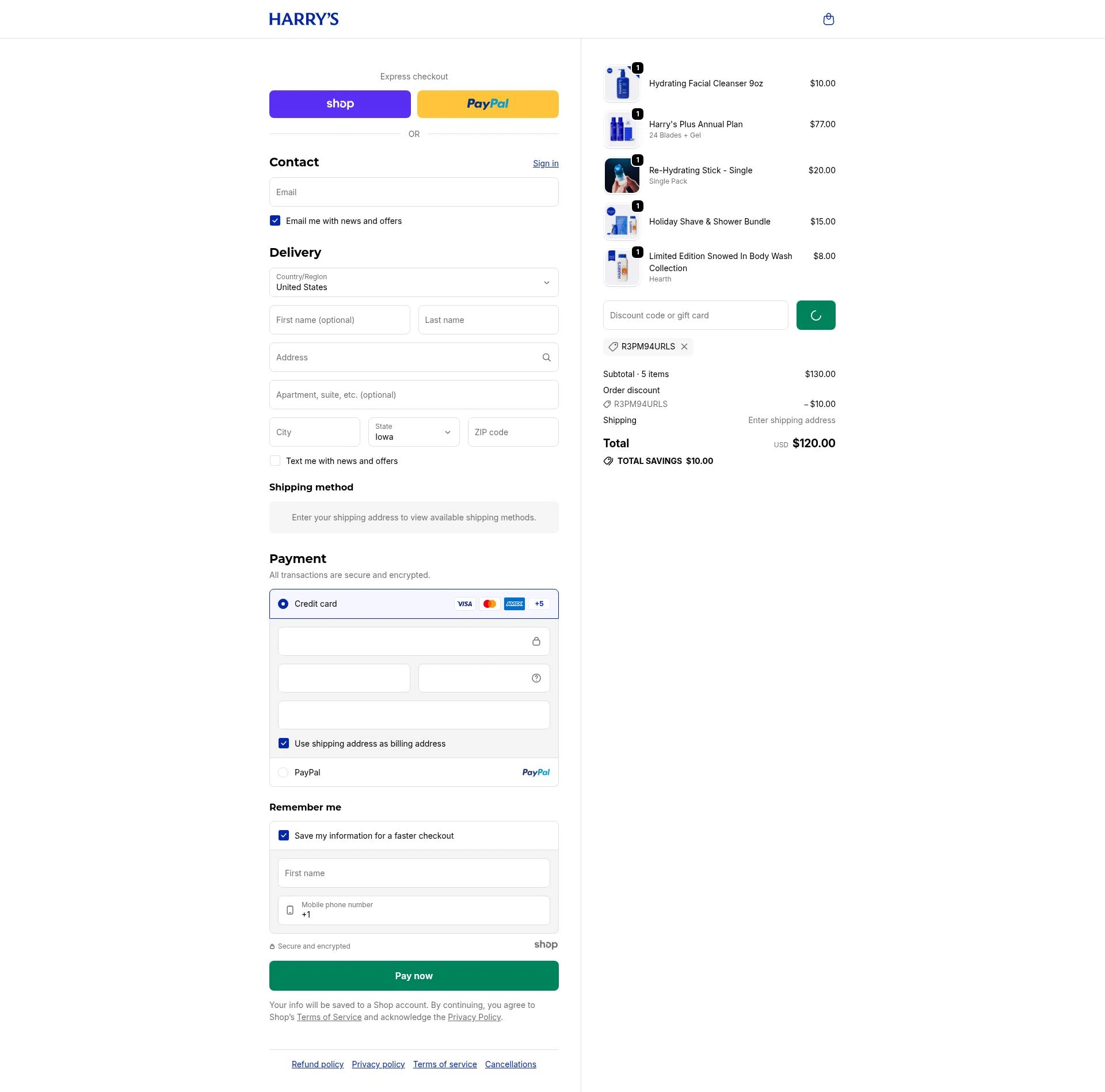 Harry's checkout page showing Harry's coupon code box | Screenshot taken by SimplyCodes community member on Dec 22, 2025