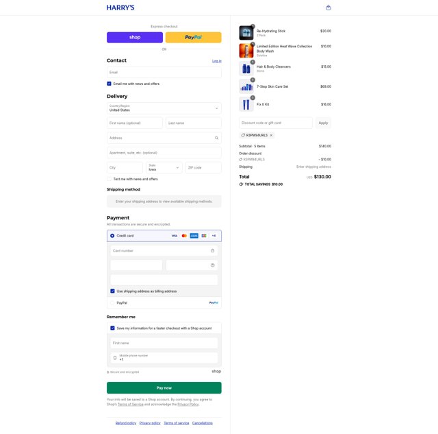 Harry's checkout page showing Harry's coupon code box | Screenshot taken by SimplyCodes community member on Sep 4, 2025