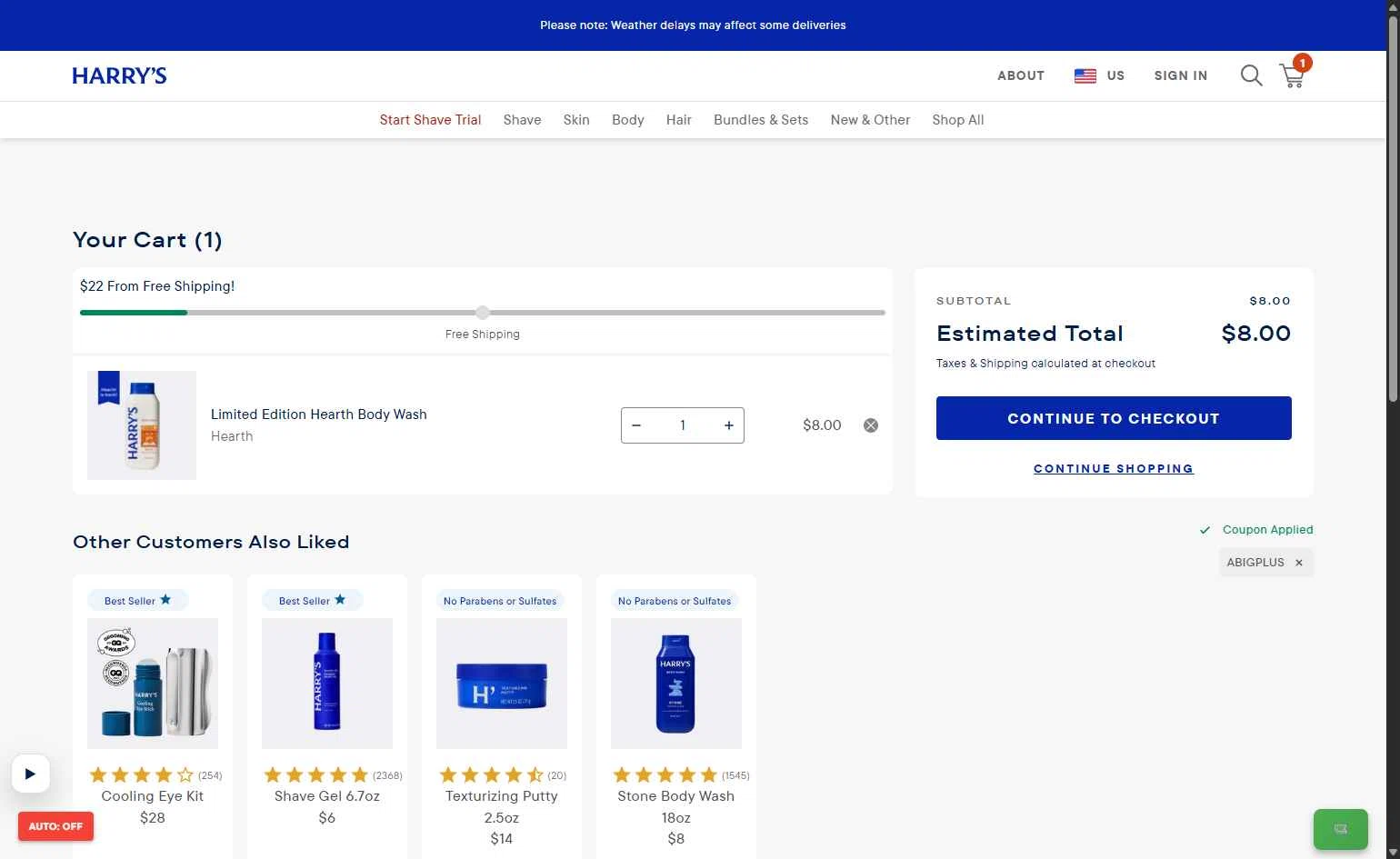 Harry's checkout page showing Harry's coupon code box | Screenshot taken by SimplyCodes community member on Feb 26, 2026