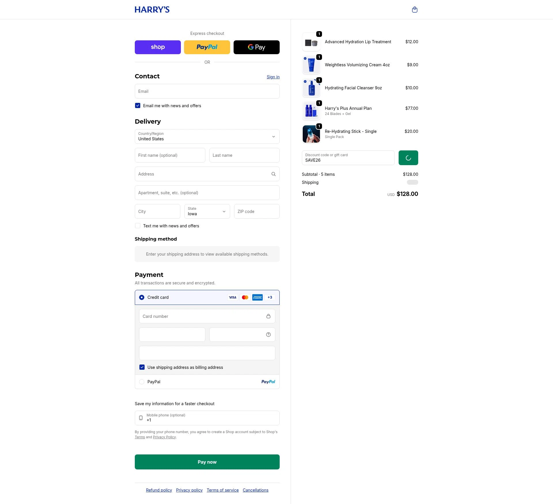 Harry's checkout page showing Harry's coupon code box | Screenshot taken by SimplyCodes community member on Feb 6, 2026