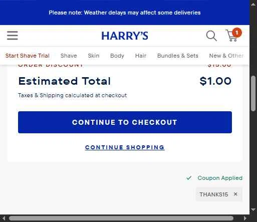 Harry's checkout page showing Harry's coupon code box | Screenshot taken by SimplyCodes community member on Feb 17, 2026