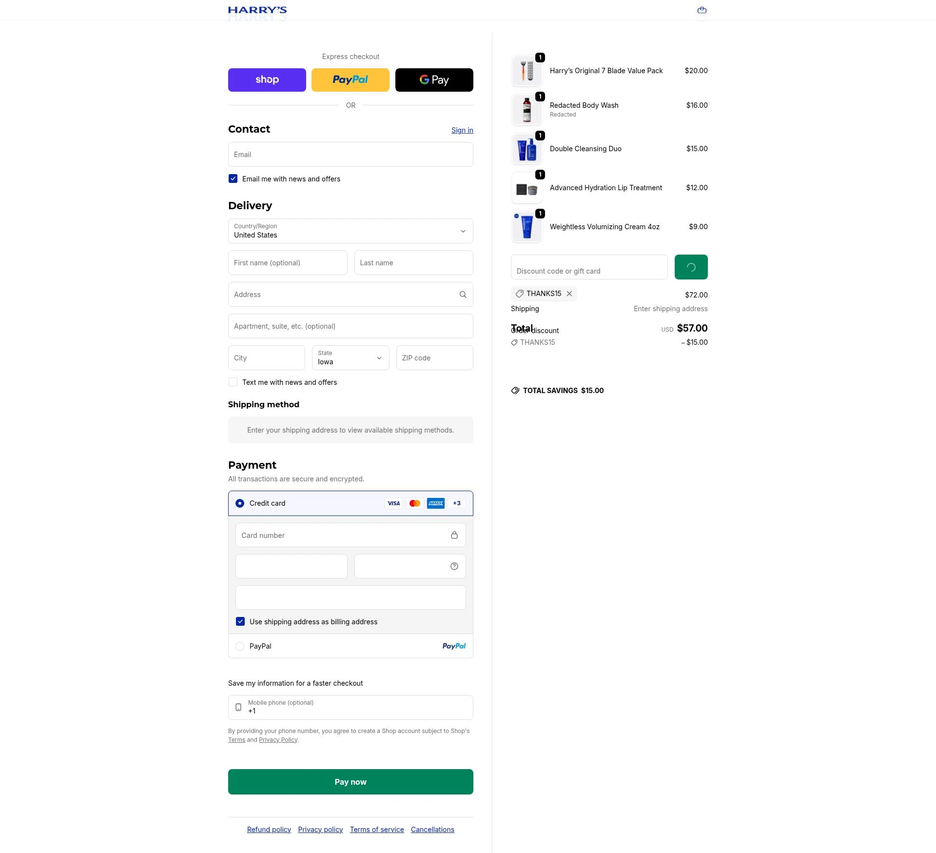 Harry's checkout page showing Harry's coupon code box | Screenshot taken by SimplyCodes community member on Feb 18, 2026