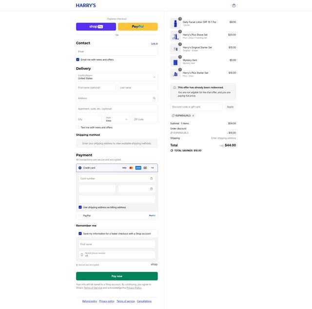 Harry's checkout page showing Harry's coupon code box | Screenshot taken by SimplyCodes community member on Aug 27, 2025