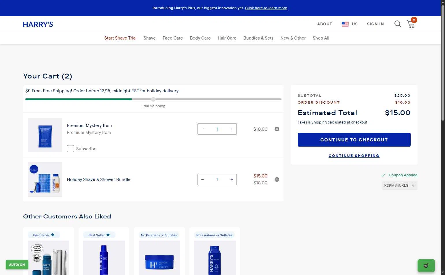 Harry's checkout page showing Harry's coupon code box | Screenshot taken by SimplyCodes community member on Dec 18, 2025