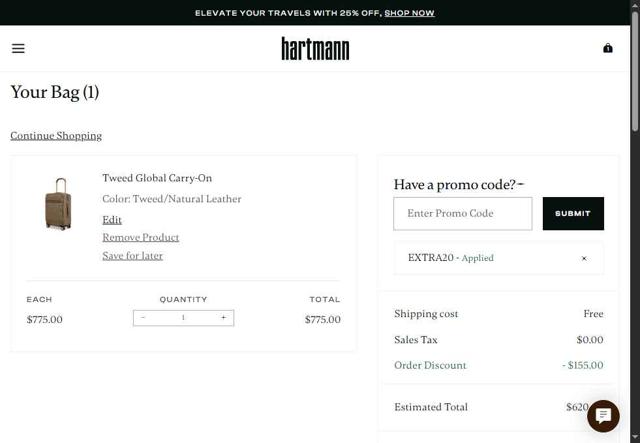 Hartmann checkout page showing Hartmann coupon code box | Screenshot taken by SimplyCodes community member on May 7, 2025