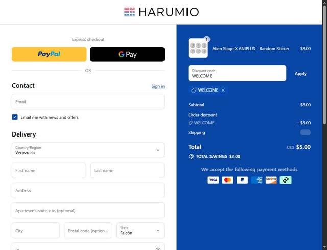 Harumio checkout page showing Harumio discount code box | Screenshot taken by SimplyCodes community member on Sep 11, 2025
