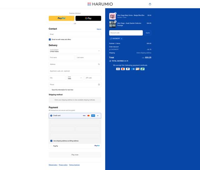 Harumio checkout page showing Harumio discount code box | Screenshot taken by SimplyCodes community member on Sep 11, 2025
