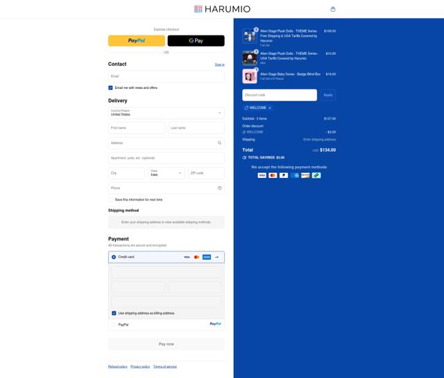 Harumio checkout page showing Harumio discount code box | Screenshot taken by SimplyCodes community member on Sep 15, 2025