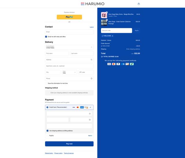 Harumio checkout page showing Harumio discount code box | Screenshot taken by SimplyCodes community member on Sep 2, 2025