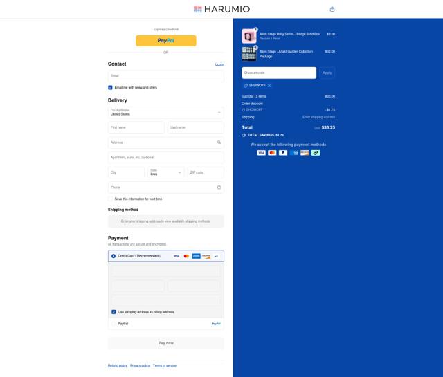 Harumio checkout page showing Harumio discount code box | Screenshot taken by SimplyCodes community member on Sep 2, 2025