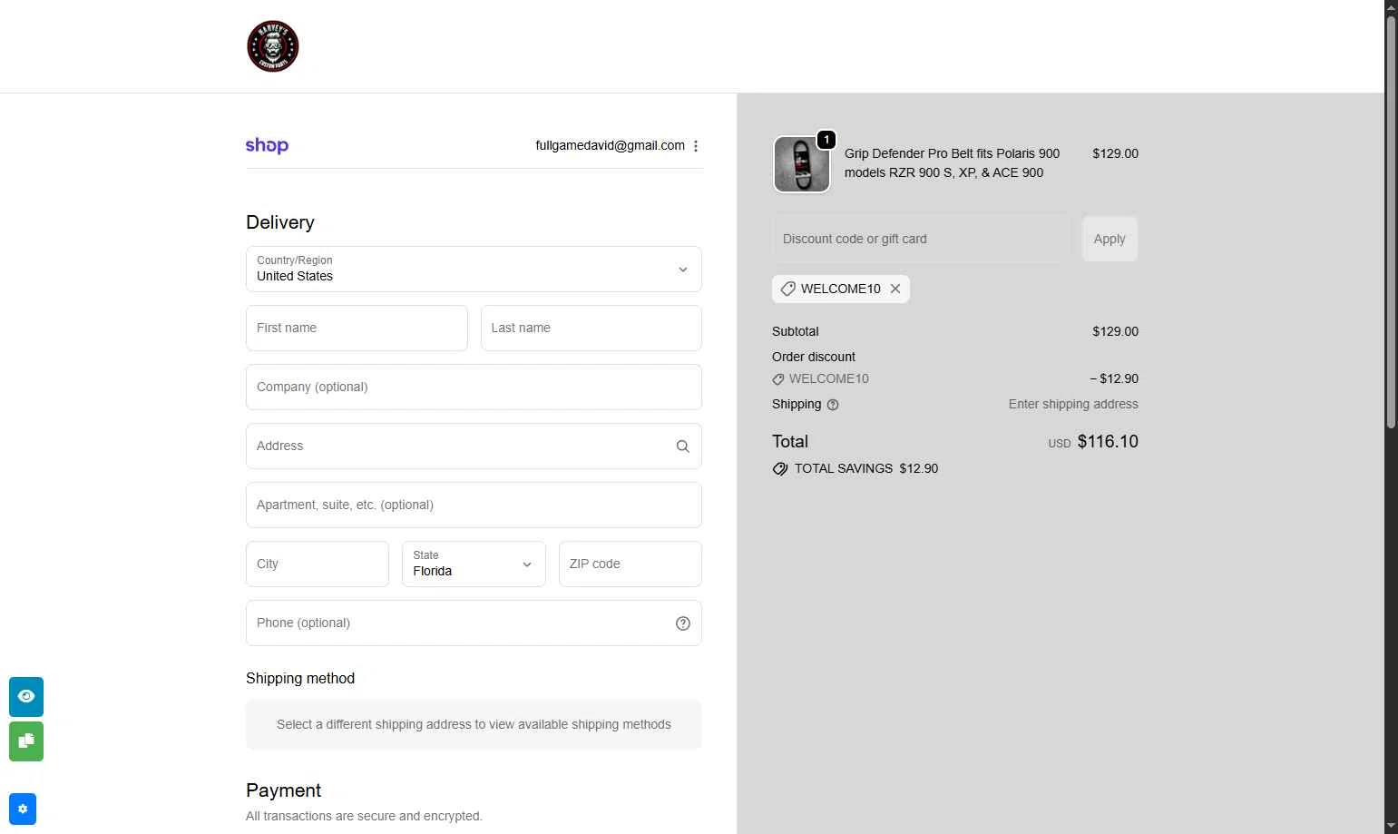 Harvey's ATV Parts checkout page showing Harvey's ATV Parts discount code box | Screenshot taken by SimplyCodes community member on Oct 27, 2025
