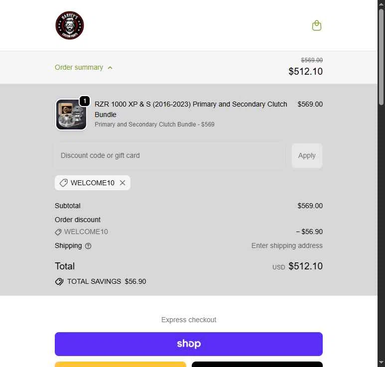 Harvey's ATV Parts checkout page showing Harvey's ATV Parts discount code box | Screenshot taken by SimplyCodes community member on Jan 22, 2026