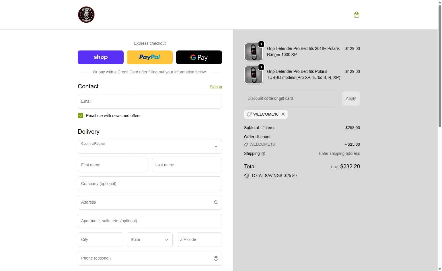 Harvey's ATV Parts checkout page showing Harvey's ATV Parts discount code box | Screenshot taken by SimplyCodes community member on Sep 28, 2025