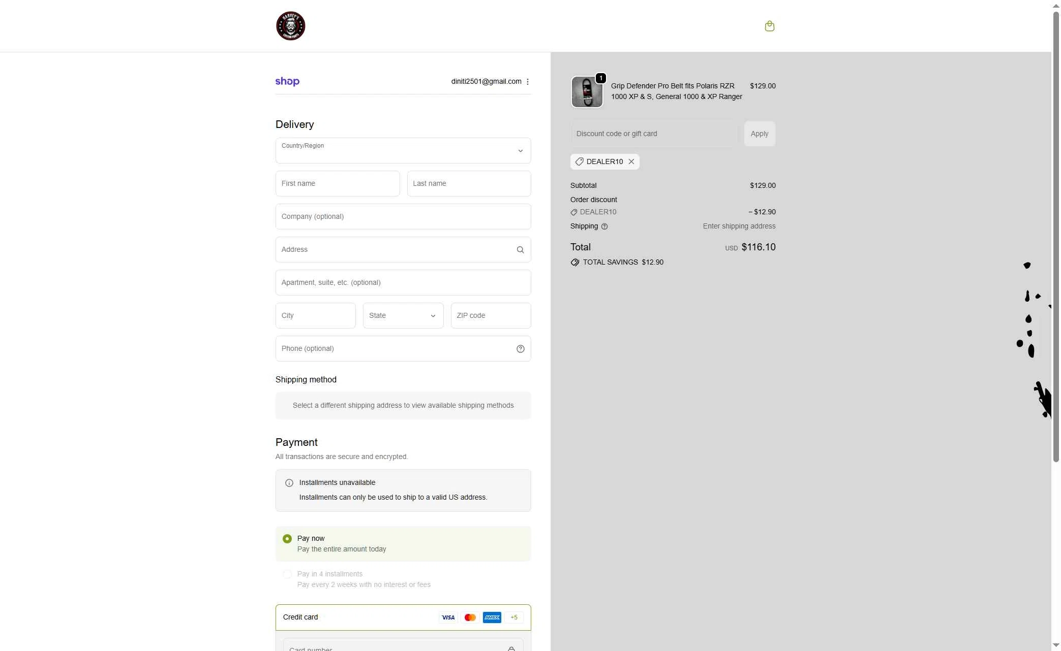 Harvey's ATV Parts checkout page showing Harvey's ATV Parts discount code box | Screenshot taken by SimplyCodes community member on Nov 25, 2025