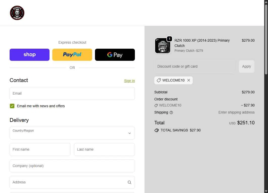 Harvey's ATV Parts checkout page showing Harvey's ATV Parts discount code box | Screenshot taken by SimplyCodes community member on Dec 24, 2025
