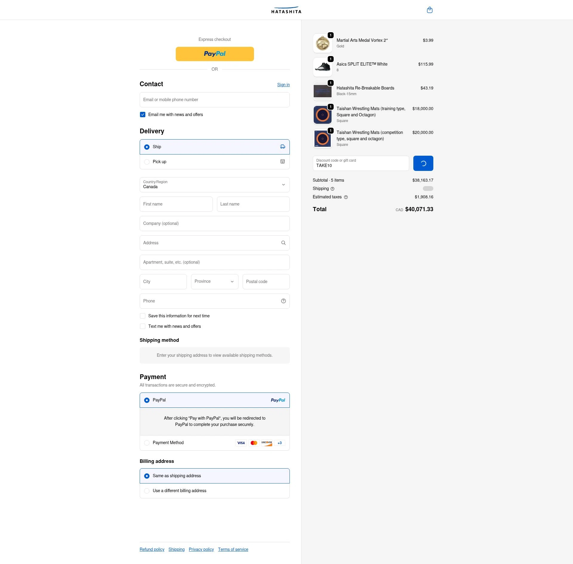 Hatashita checkout page showing Hatashita discount code box | Screenshot taken by SimplyCodes community member on Jan 21, 2026