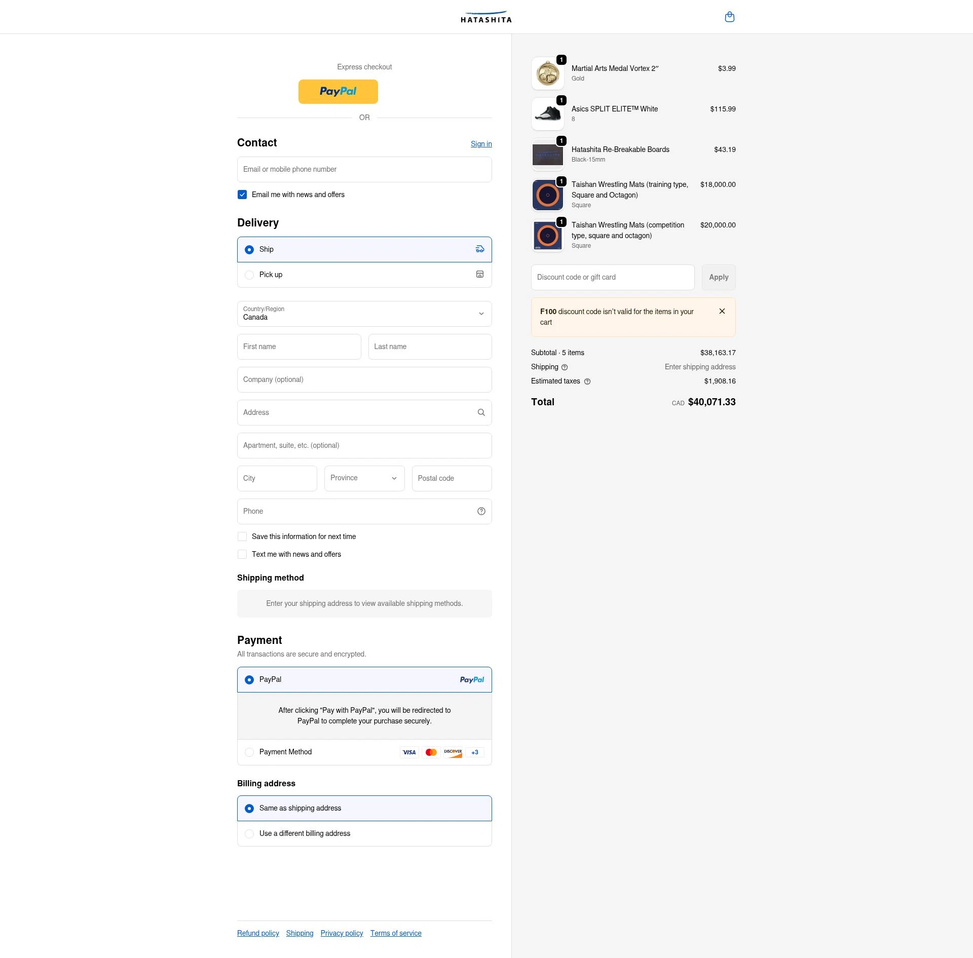 Hatashita checkout page showing Hatashita discount code box | Screenshot taken by SimplyCodes community member on Jan 21, 2026