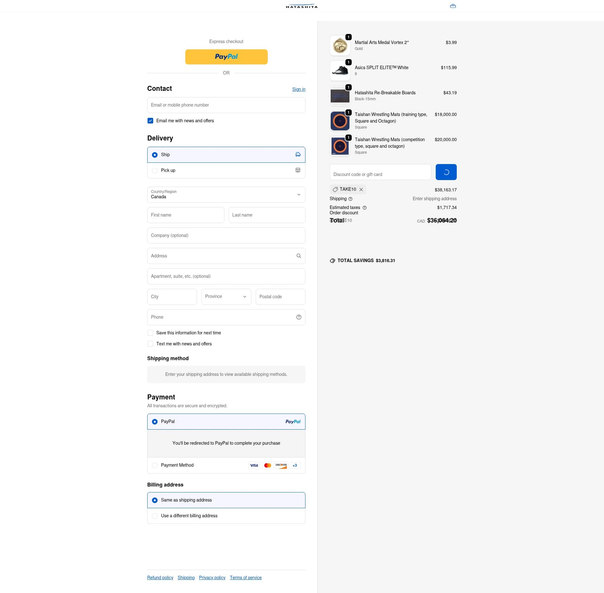 Hatashita checkout page showing Hatashita discount code box | Screenshot taken by SimplyCodes community member on Jan 26, 2026