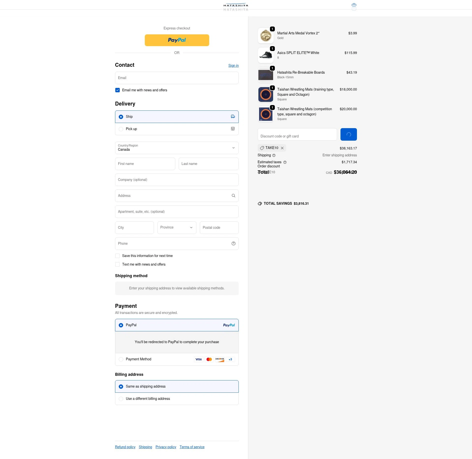 Hatashita checkout page showing Hatashita discount code box | Screenshot taken by SimplyCodes community member on Feb 17, 2026