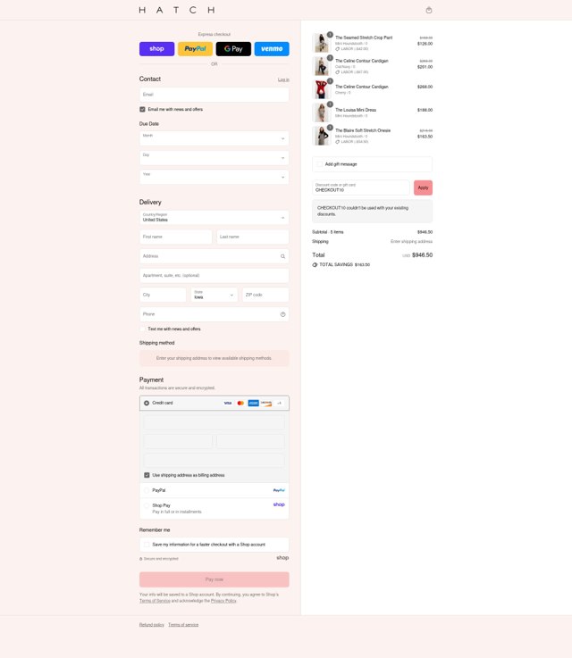 HATCH Collection checkout page showing HATCH Collection promo code box | Screenshot taken by SimplyCodes community member on Sep 1, 2025