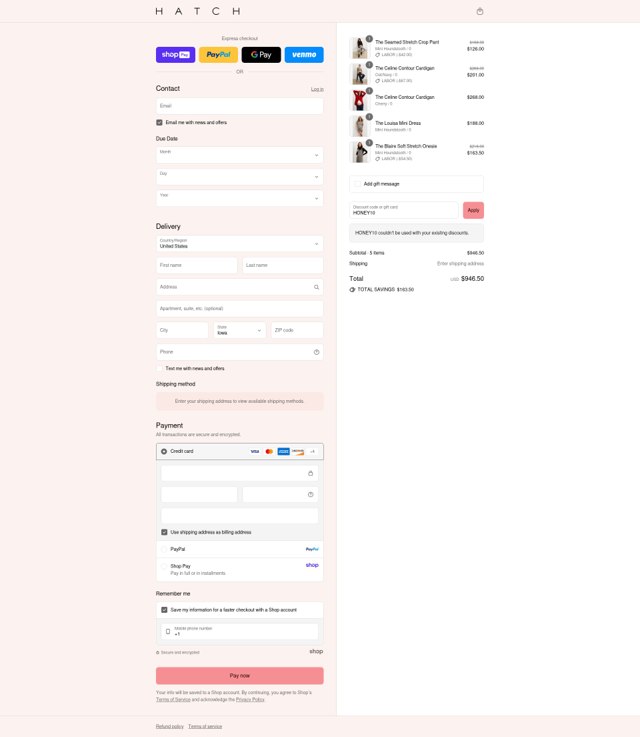 HATCH Collection checkout page showing HATCH Collection promo code box | Screenshot taken by SimplyCodes community member on Aug 28, 2025
