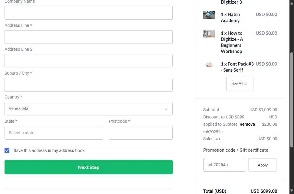 Hatch Embroidery checkout page showing Hatch Embroidery coupon code box | Screenshot taken by SimplyCodes community member on Sep 26, 2025