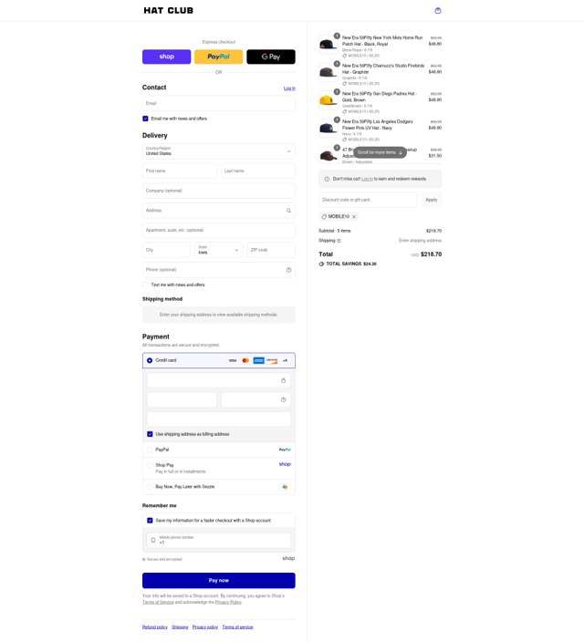 Hat Club checkout page showing Hat Club discount code box | Screenshot taken by SimplyCodes community member on Sep 4, 2025