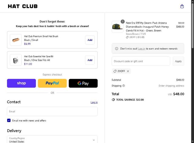 Hat Club checkout page showing Hat Club discount code box | Screenshot taken by SimplyCodes community member on Sep 3, 2025