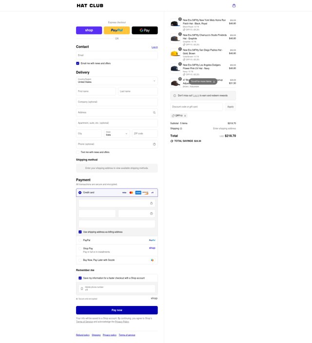 Hat Club checkout page showing Hat Club discount code box | Screenshot taken by SimplyCodes community member on Sep 4, 2025
