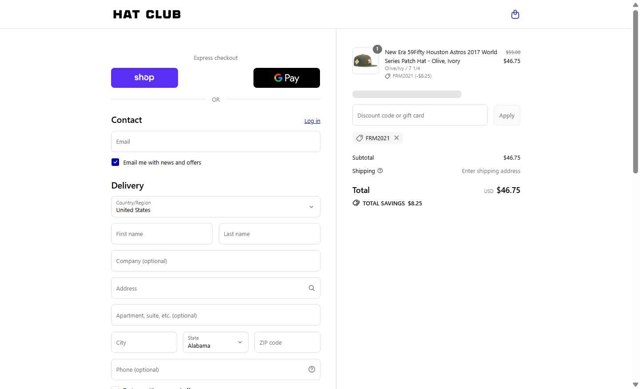 Hat Club checkout page showing Hat Club discount code box | Screenshot taken by SimplyCodes community member on Aug 31, 2025