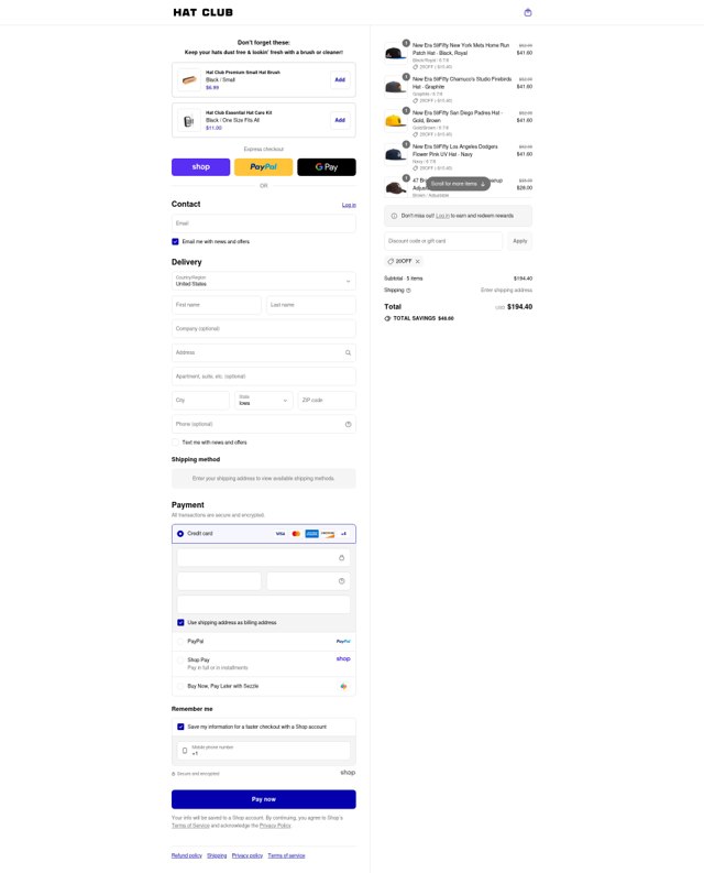 Hat Club checkout page showing Hat Club discount code box | Screenshot taken by SimplyCodes community member on Sep 4, 2025