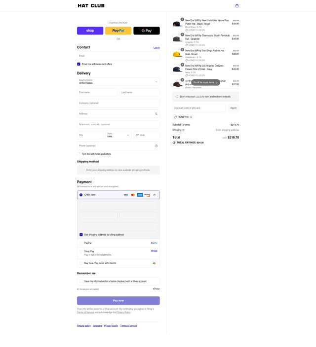 Hat Club checkout page showing Hat Club discount code box | Screenshot taken by SimplyCodes community member on Sep 4, 2025
